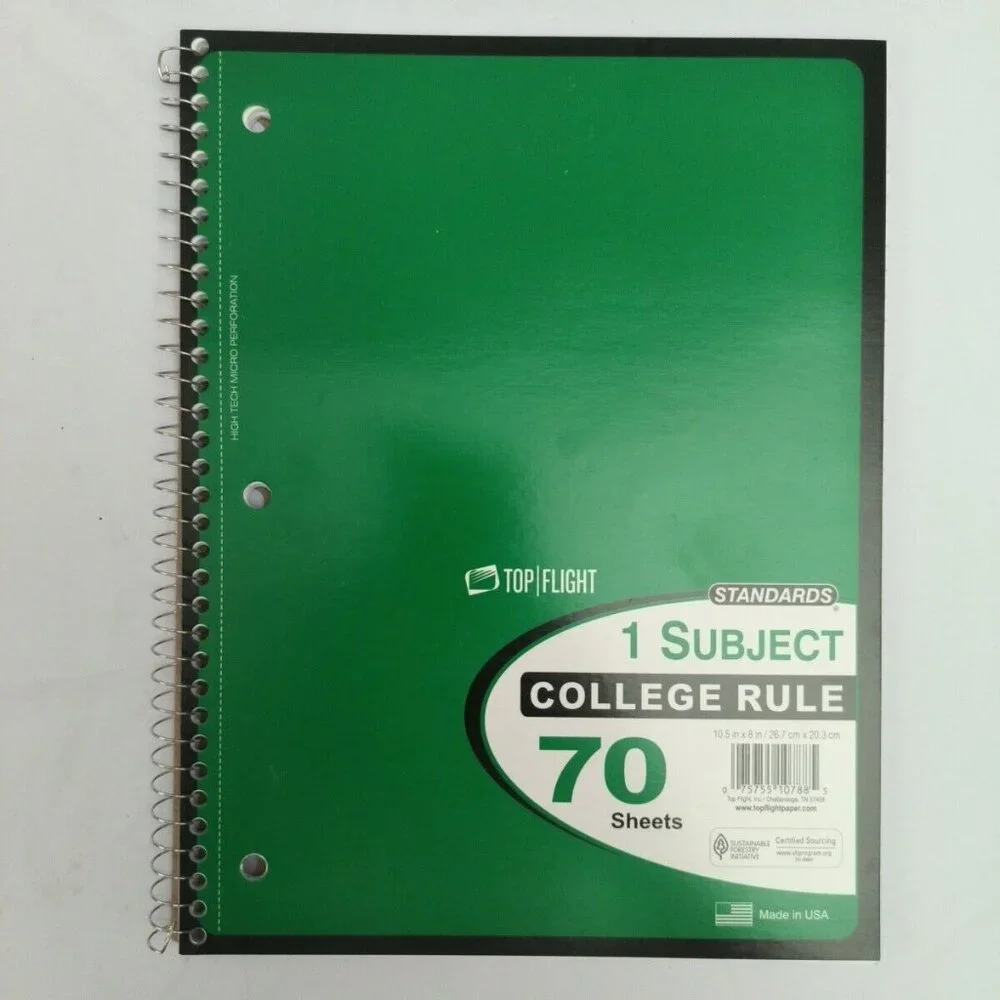 5 Pack Top Flight Spiral Notebook COLLEGE 1 Subject 70 Sheets Assorted Colors